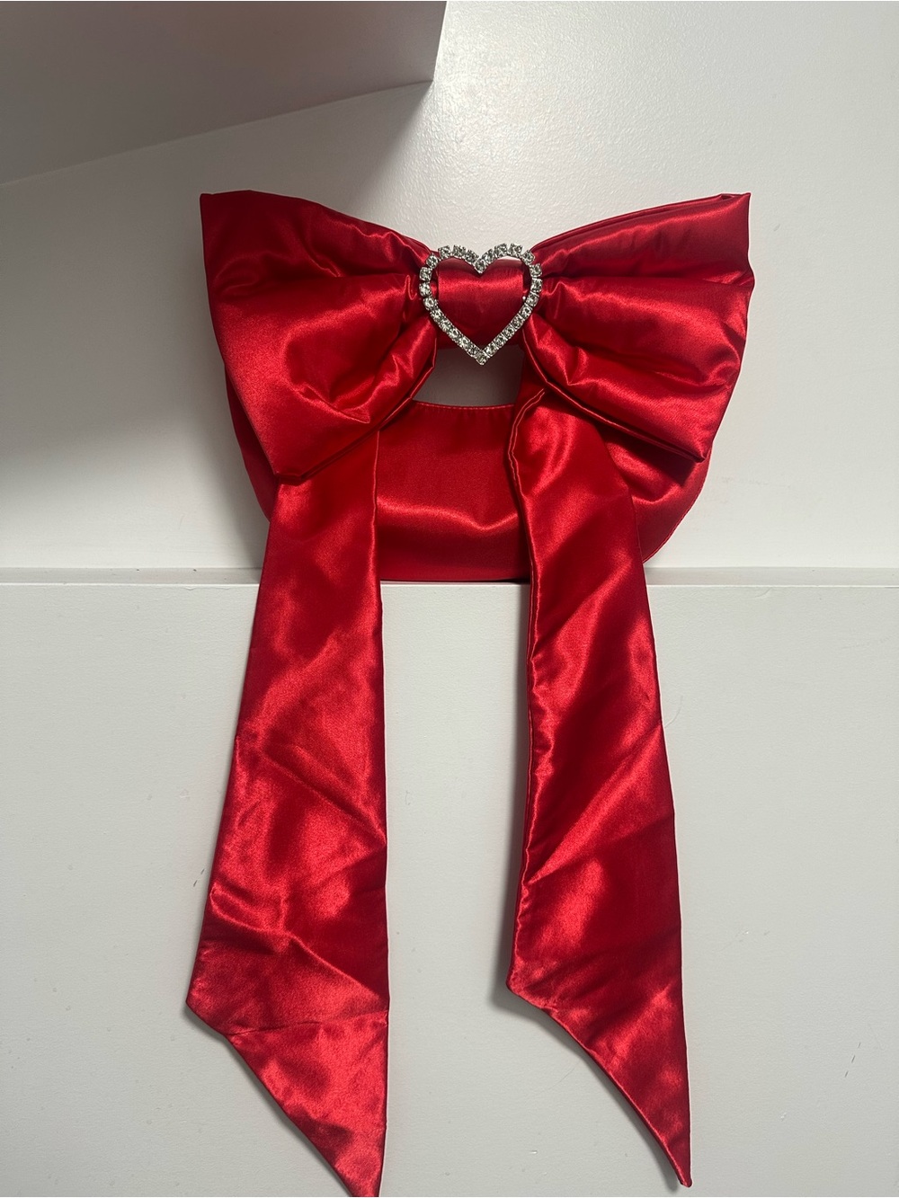 Red Satin Bow Mini Bag with Rhinestone Heart, brand new